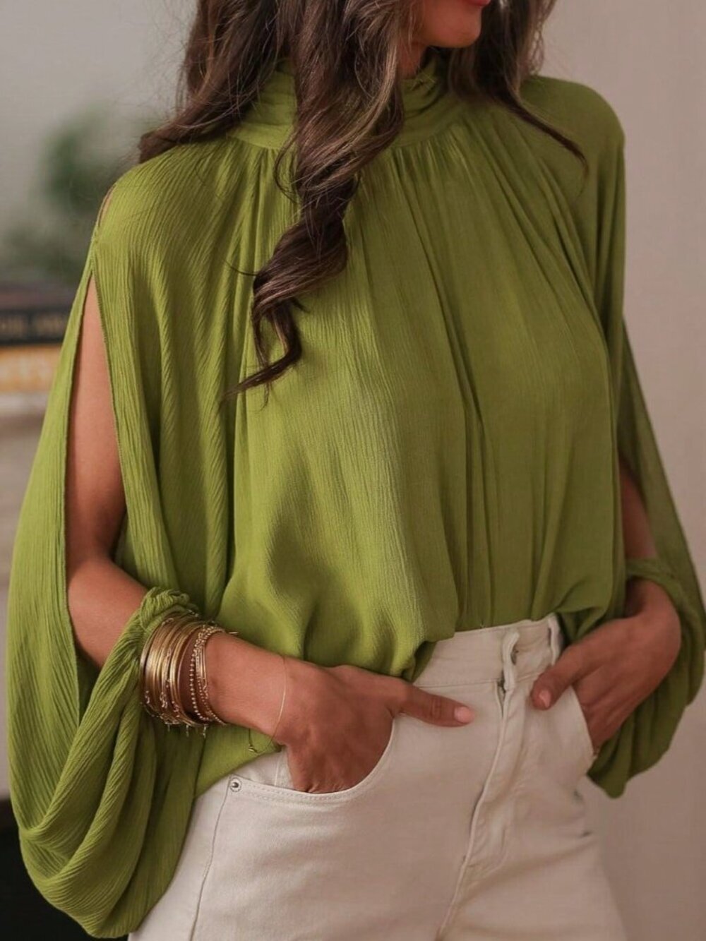 Green Casual Women's Sexy Slit Lantern Sleeve Loose Top
